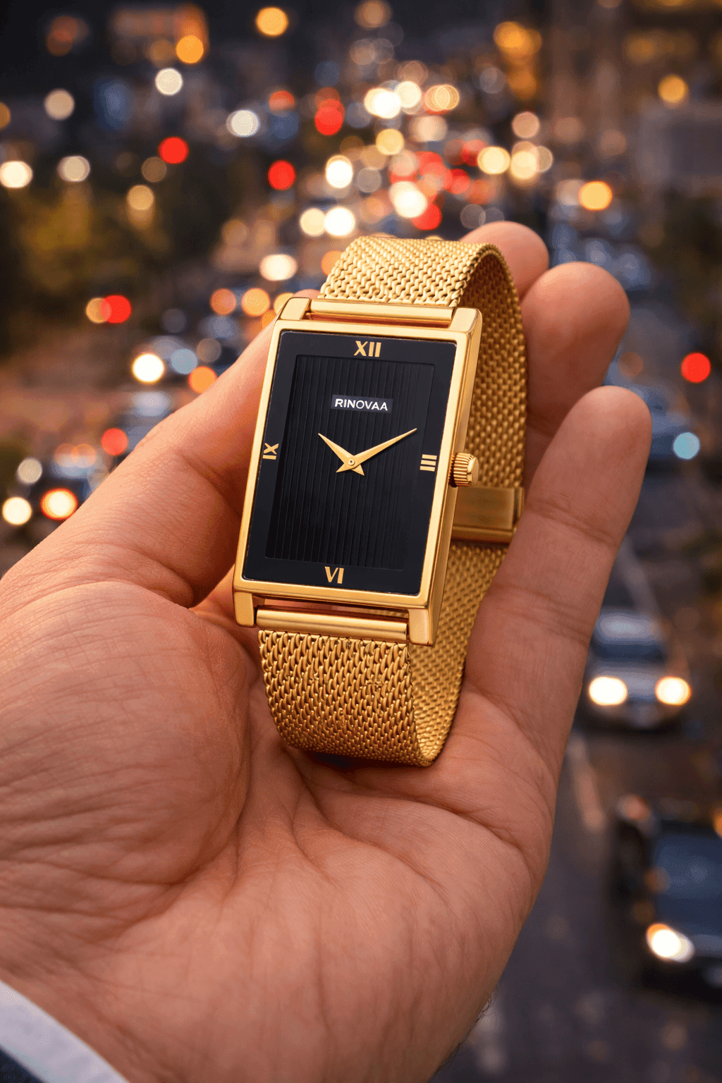 Men’s Rose Gold Rectangular Analog Watch | Black Textured Dial | Stainless Steel Mesh Bracelet | Premium Quartz Watch for Men 4
