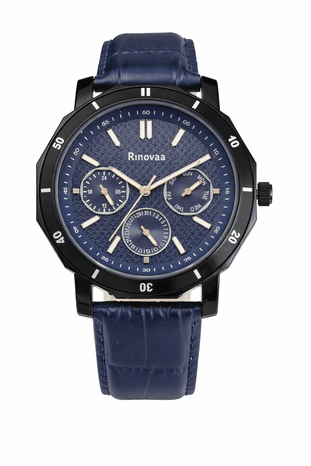 Men’s Analog Multifunction Watch | Blue Textured Dial with Day, Date & 24-Hour Sub-Dials | Black Case with Blue Leather Strap 1