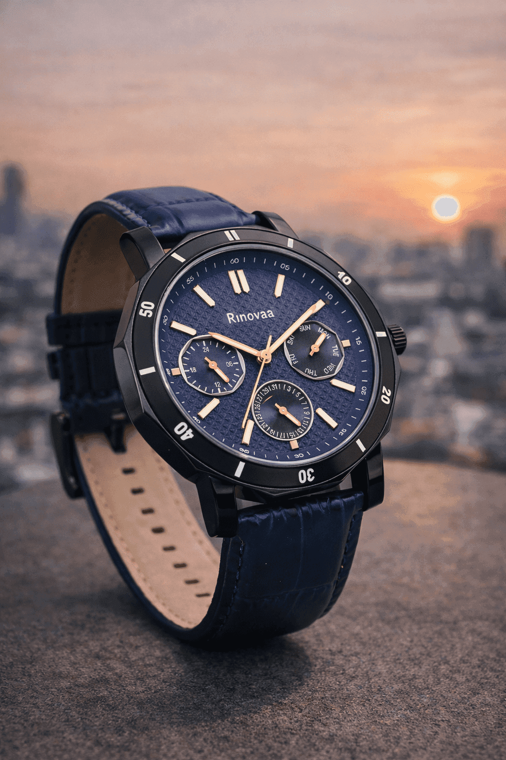 Men’s Analog Multifunction Watch | Blue Textured Dial with Day, Date & 24-Hour Sub-Dials | Black Case with Blue Leather Strap 2