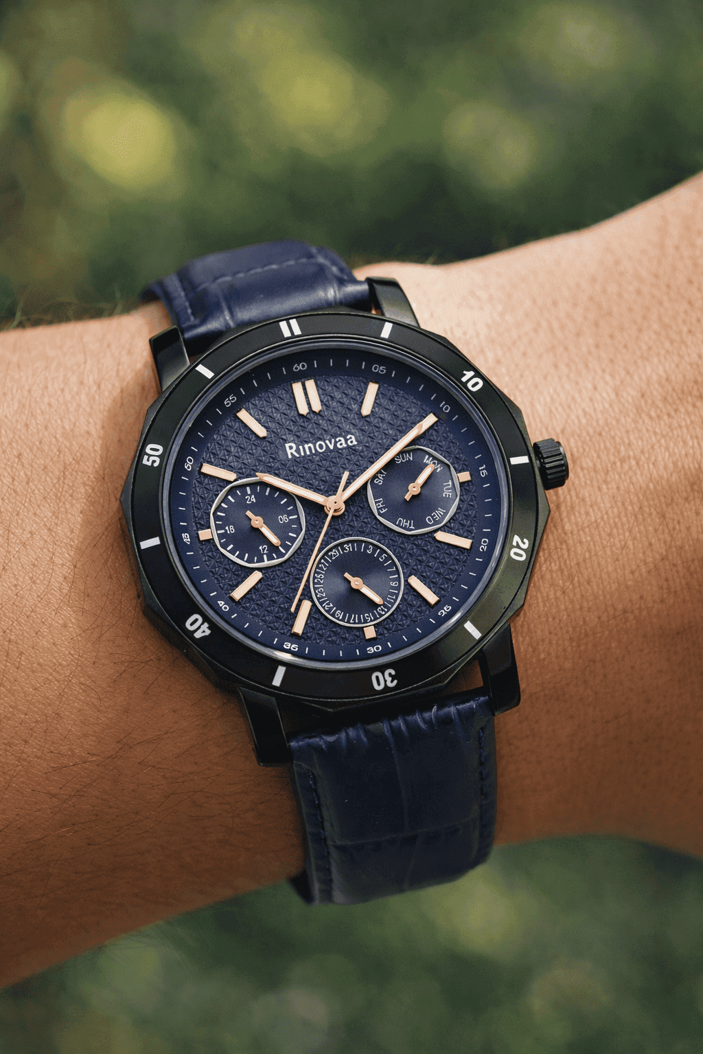 Men’s Analog Multifunction Watch | Blue Textured Dial with Day, Date & 24-Hour Sub-Dials | Black Case with Blue Leather Strap 5