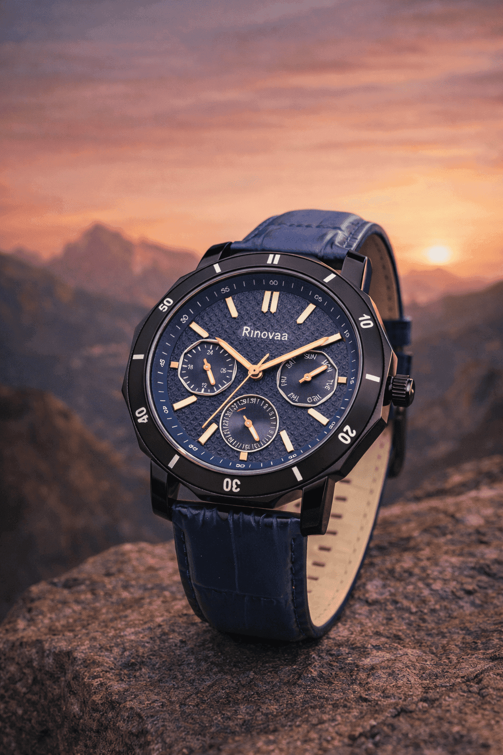 Men’s Analog Multifunction Watch | Blue Textured Dial with Day, Date & 24-Hour Sub-Dials | Black Case with Blue Leather Strap 4