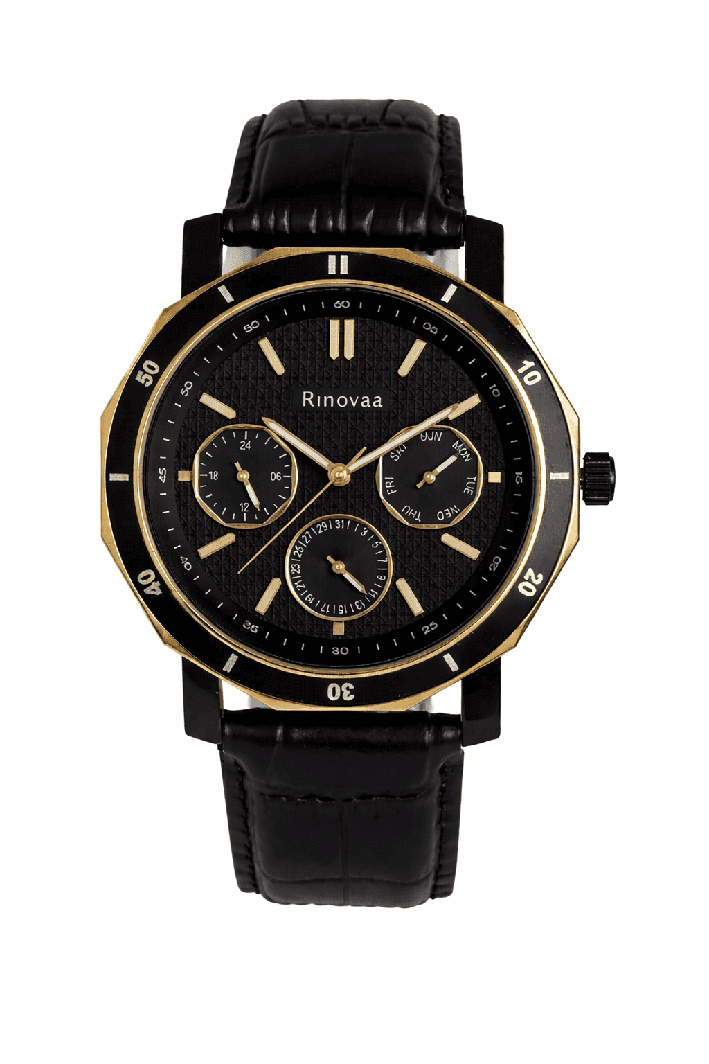 Men’s Analog Multifunction Watch | Black Textured Dial with Day, Date & 24-Hour Display | Rosegold Bezel & Black Leather Strap 1