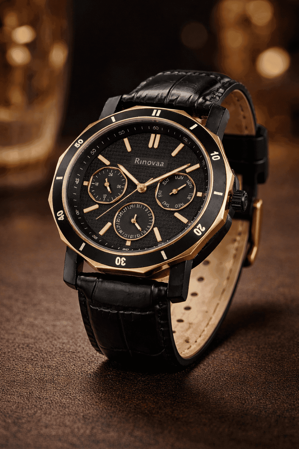 Men’s Analog Multifunction Watch | Black Textured Dial with Day, Date & 24-Hour Display | Rosegold Bezel & Black Leather Strap 6