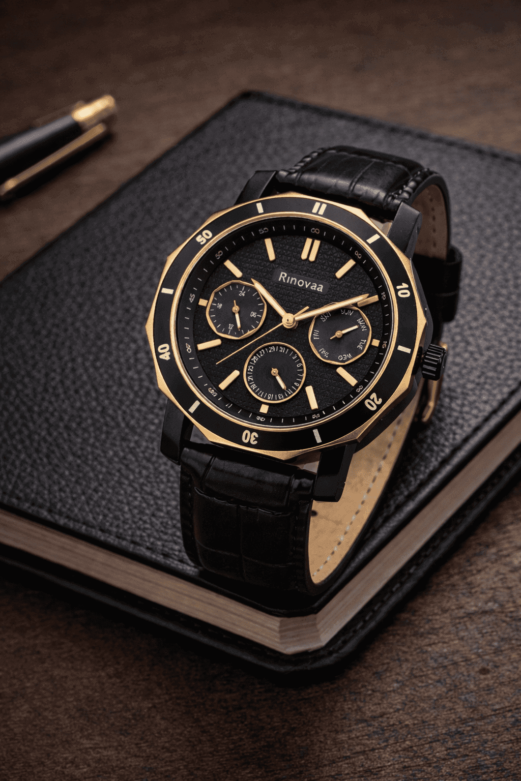 Men’s Analog Multifunction Watch | Black Textured Dial with Day, Date & 24-Hour Display | Rosegold Bezel & Black Leather Strap 4