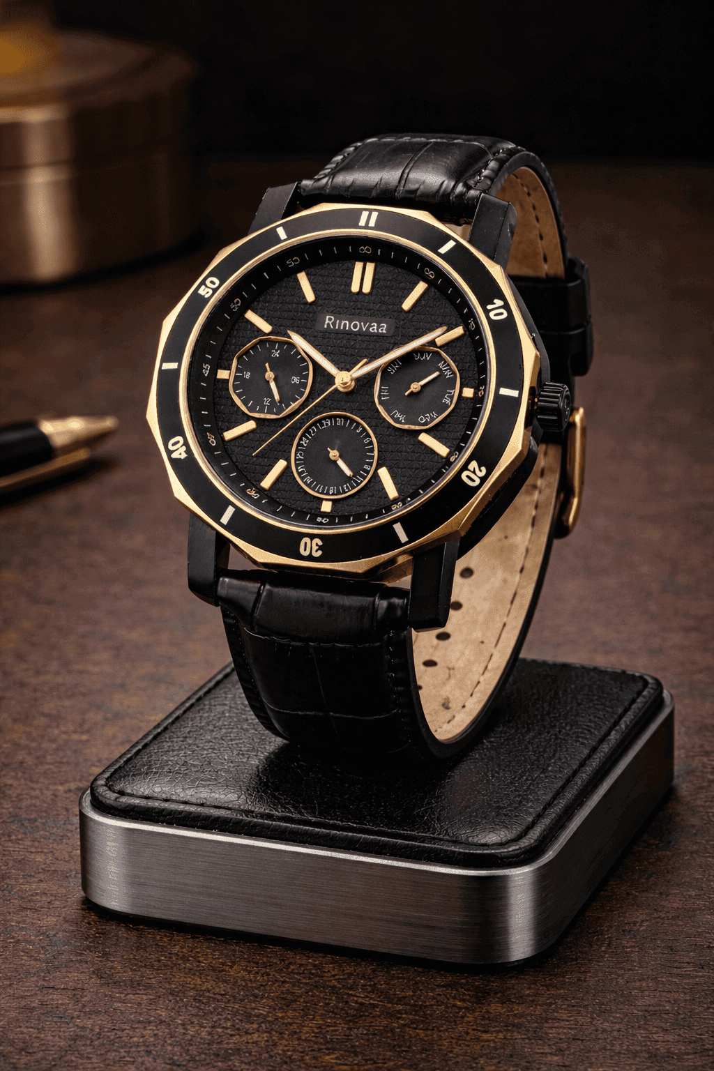 Men’s Analog Multifunction Watch | Black Textured Dial with Day, Date & 24-Hour Display | Rosegold Bezel & Black Leather Strap 5