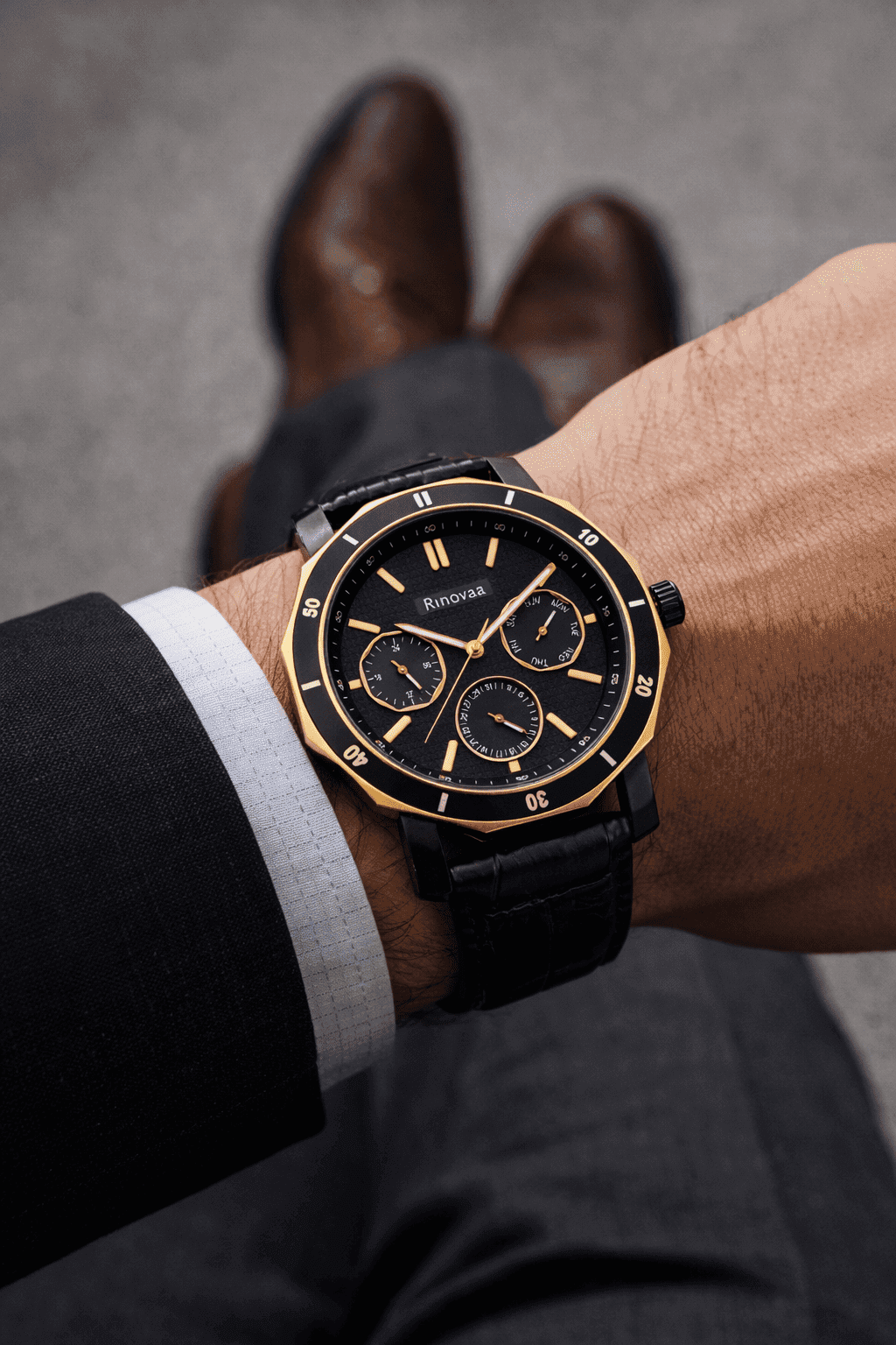 Men’s Analog Multifunction Watch | Black Textured Dial with Day, Date & 24-Hour Display | Rosegold Bezel & Black Leather Strap 3