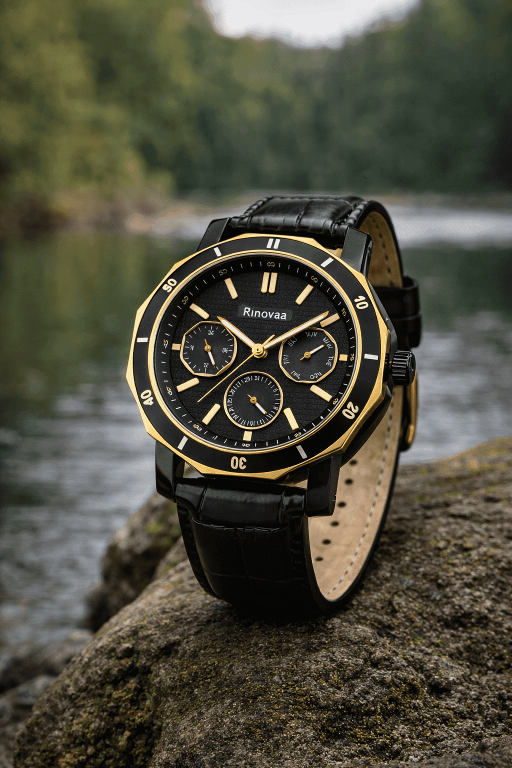Men’s Analog Multifunction Watch | Black Textured Dial with Day, Date & 24-Hour Display | Rosegold Bezel & Black Leather Strap 7