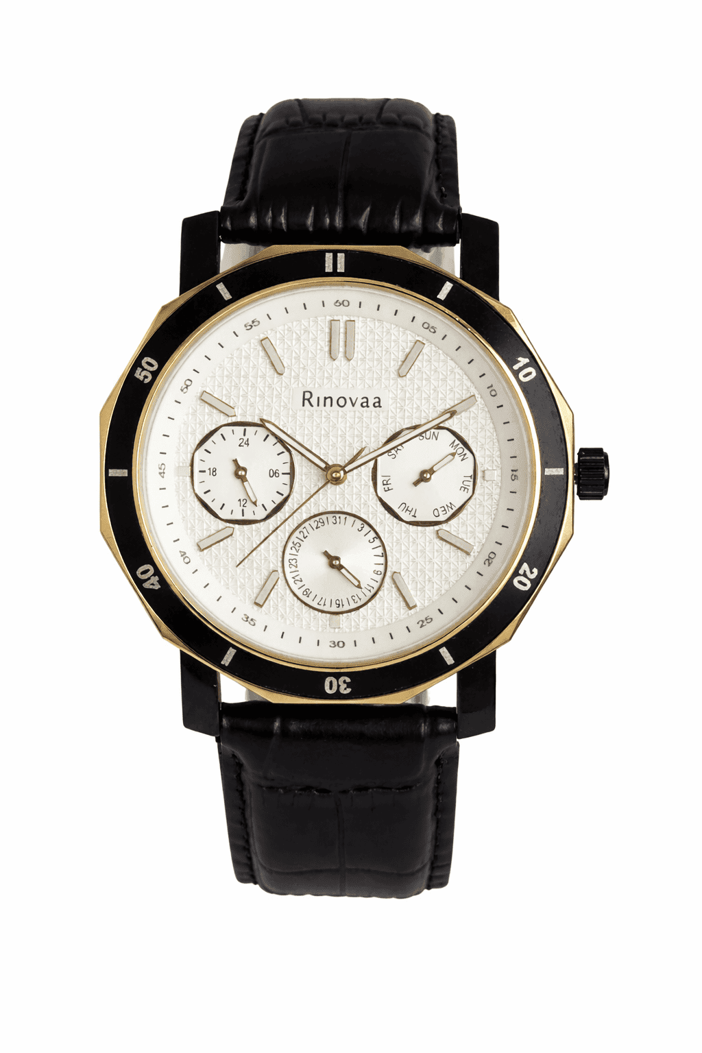 Men’s Analog Multifunction Watch | Day-Date-24 Hour Display | Black Leather Strap | Silver & Rosegold Dial | Stylish Casual & Formal Wrist Watch for Men 1
