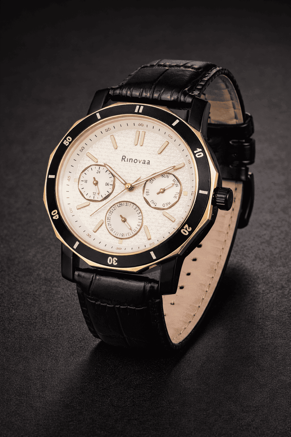 Men’s Analog Multifunction Watch | Day-Date-24 Hour Display | Black Leather Strap | Silver & Rosegold Dial | Stylish Casual & Formal Wrist Watch for Men 2