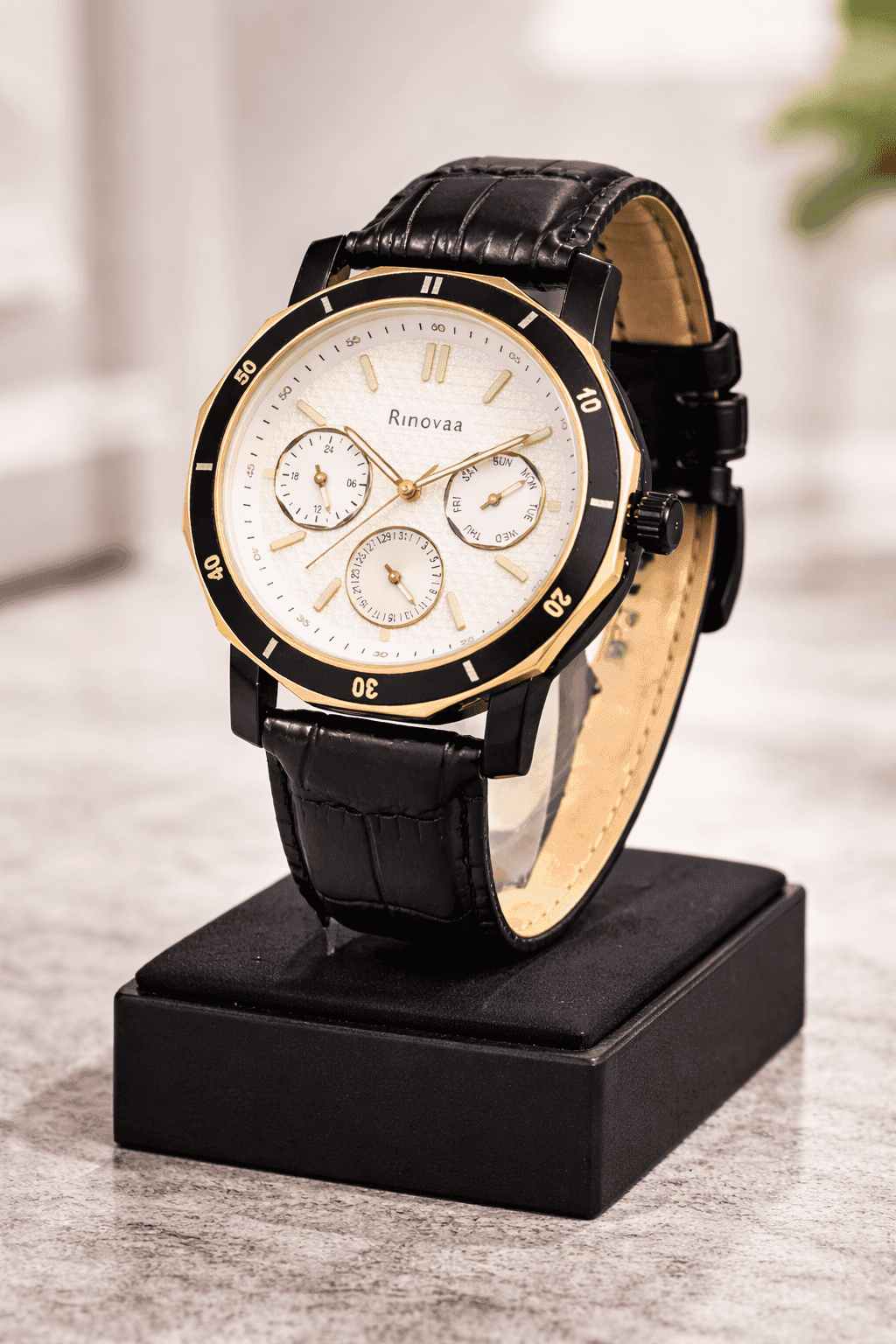 Men’s Analog Multifunction Watch | Day-Date-24 Hour Display | Black Leather Strap | Silver & Rosegold Dial | Stylish Casual & Formal Wrist Watch for Men 4
