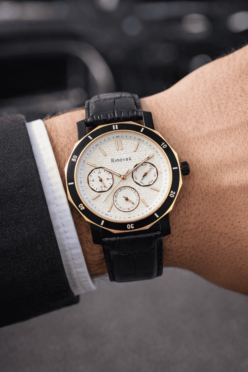 Men’s Analog Multifunction Watch | Day-Date-24 Hour Display | Black Leather Strap | Silver & Rosegold Dial | Stylish Casual & Formal Wrist Watch for Men 3