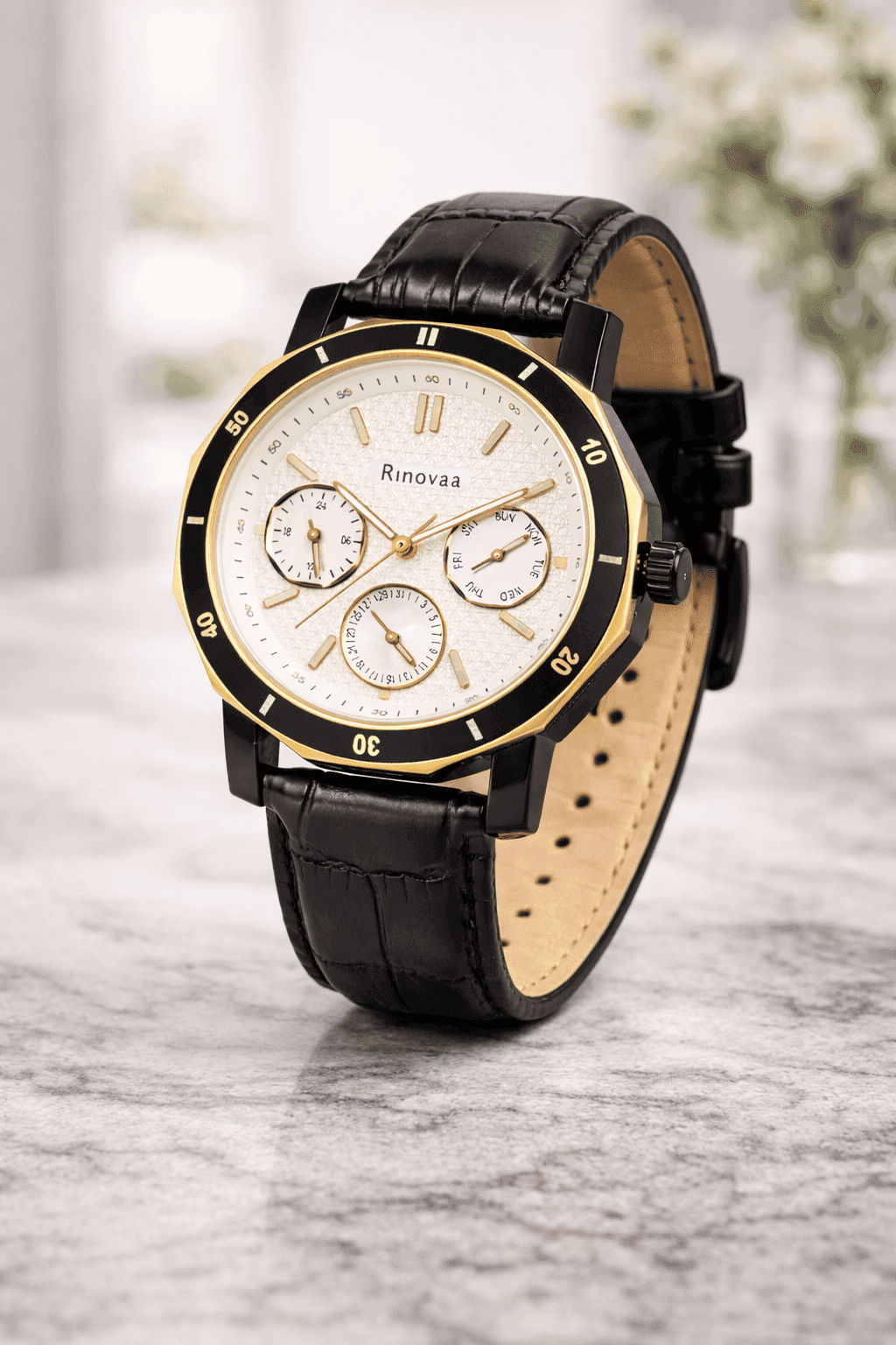 Men’s Analog Multifunction Watch | Day-Date-24 Hour Display | Black Leather Strap | Silver & Rosegold Dial | Stylish Casual & Formal Wrist Watch for Men 5