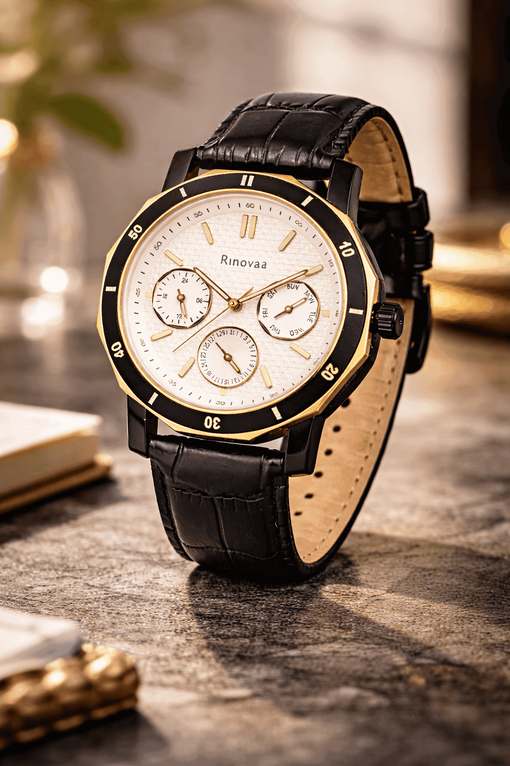 Men’s Analog Multifunction Watch | Day-Date-24 Hour Display | Black Leather Strap | Silver & Rosegold Dial | Stylish Casual & Formal Wrist Watch for Men 6